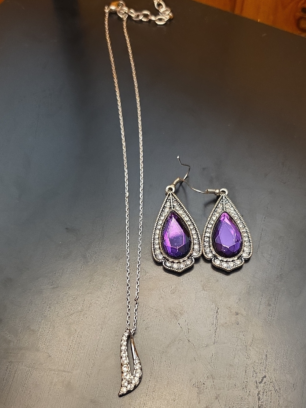 Silver Necklace and Purple Teardrop Earrings Set